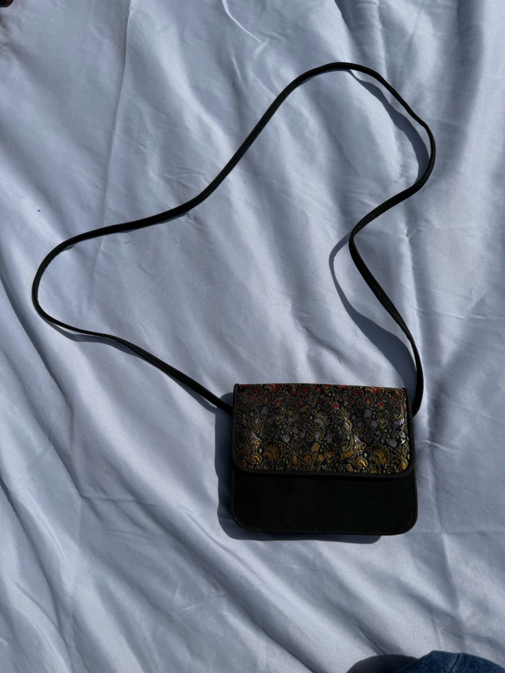 Black Crossbody Bag with Metallic Floral Panel